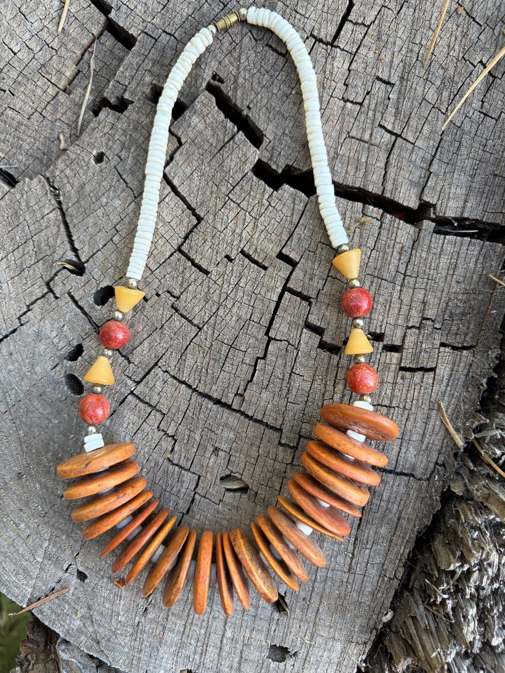 Handcrafted Wooden Disc Necklace in Brown and Cream